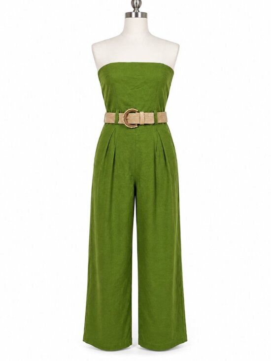 Monteau Pants - Monteau Los Angeles Green Linen Blend Strapless Belted Wide Leg Jumpsuit Small